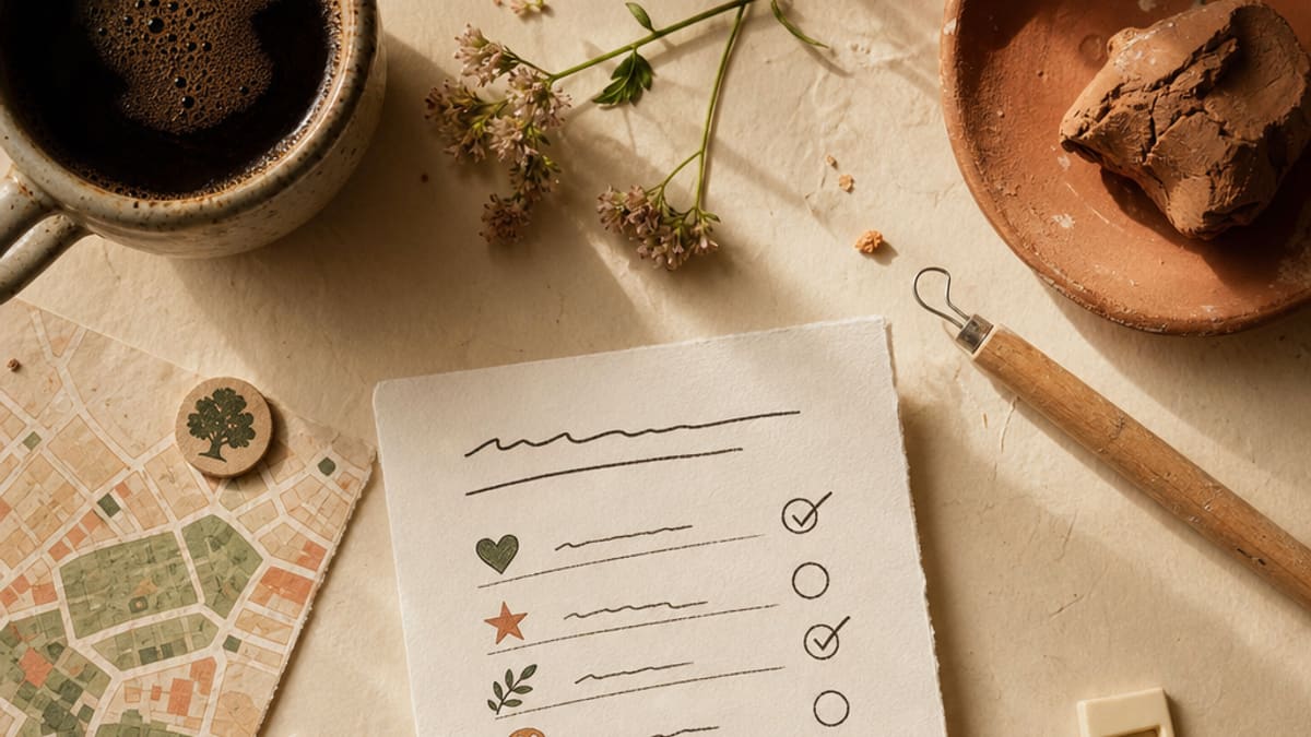 A clipboard with a handwritten checklist on a worn wooden table